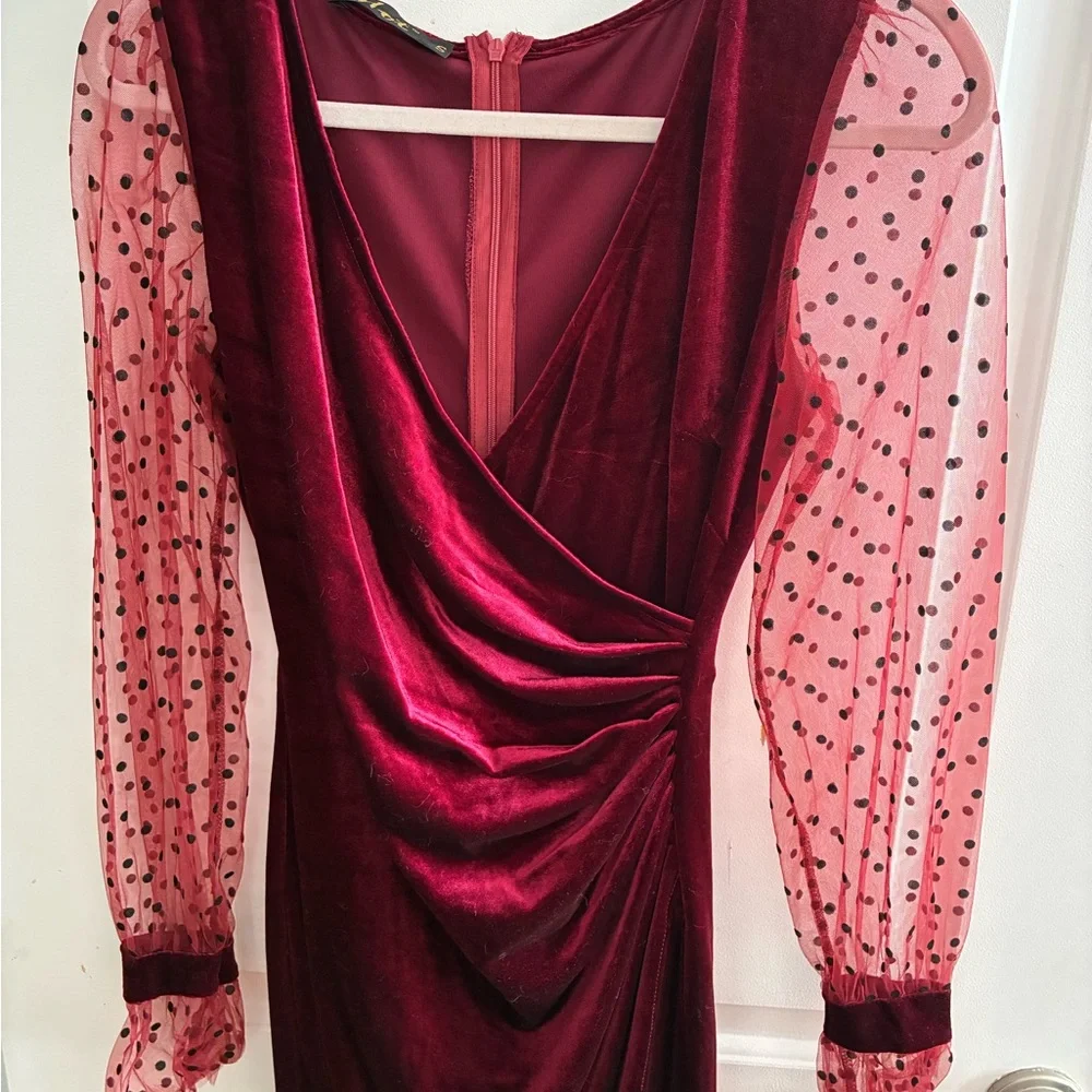 Velvet Wrap Burgundy Cocktail Dress with Sheer Polka Dot Sleeves - Picture 3 of 5